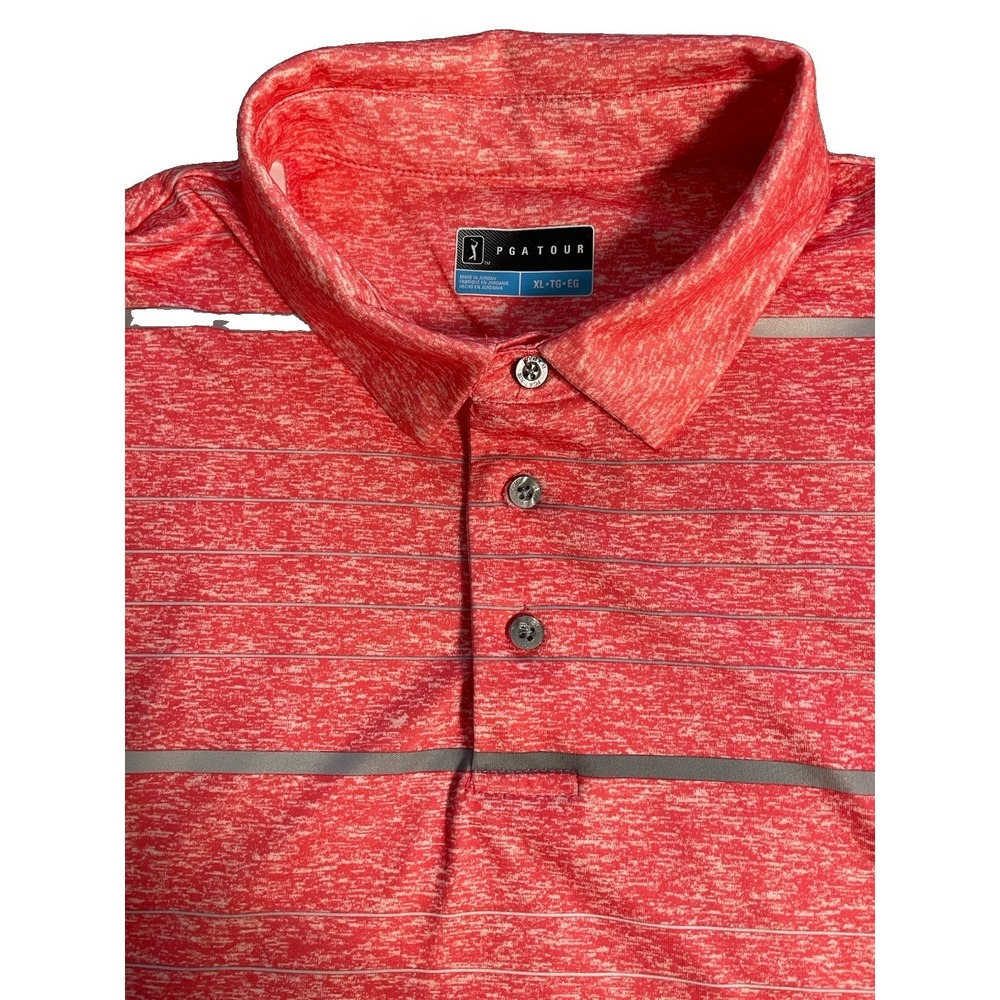 PGA Tour Golf Polo Shirt Mens XL Coral Gray Stripe Performance Stretch Golf